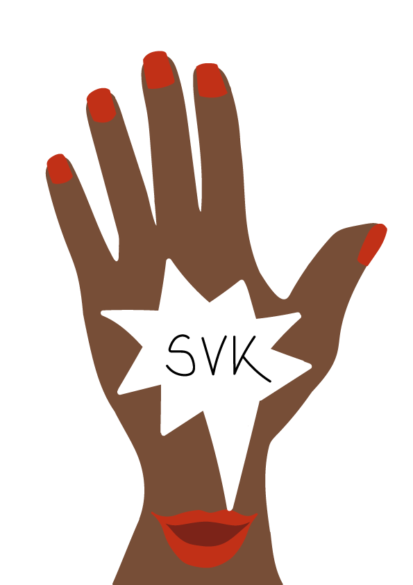 SVK-Logo. Eine hand mit rotem Nagellack. Auf der Hand sind rote Lippen und darüber eine Sprechblase die SVK sagt.